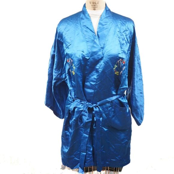 Vintage Golden Dragon Royal Blue Hand Embroidered Silk Robe with Belt Size M - Picture 1 of 15
